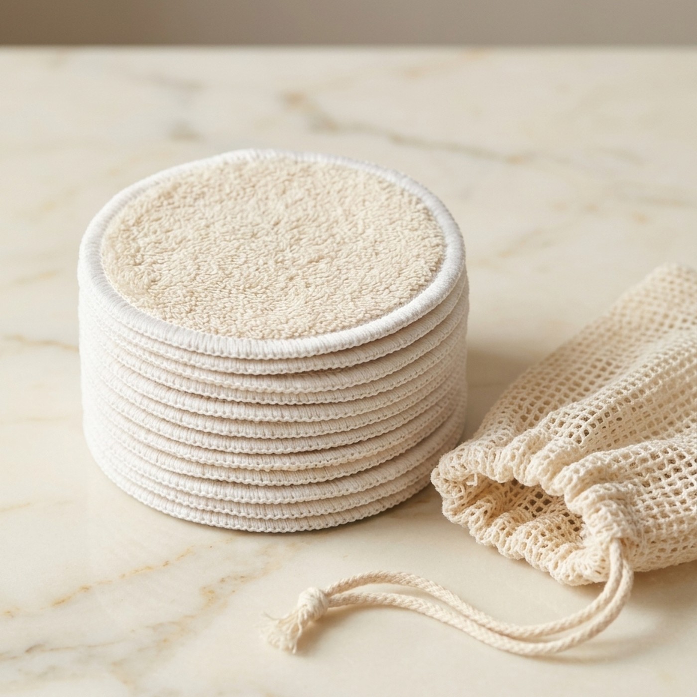 Stack of twelve beige bamboo terry cleansing pads with the mesh wash bag