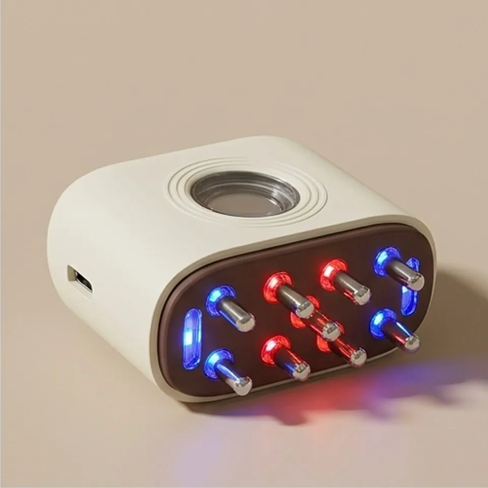 Angled view of the node plate lit red and blue, with the USB-C port