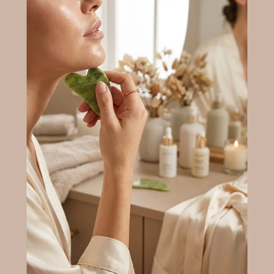 Gua sha stone used along the cheek
