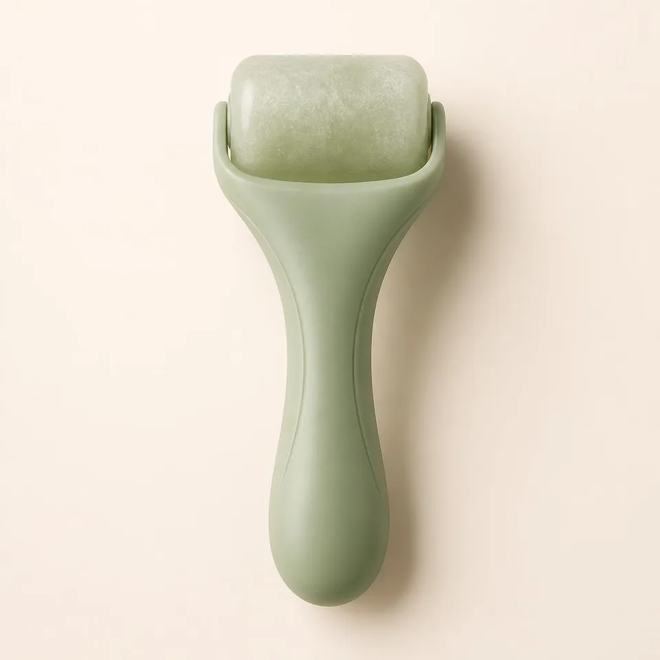 Sage-green silicone ice face roller, studio shot