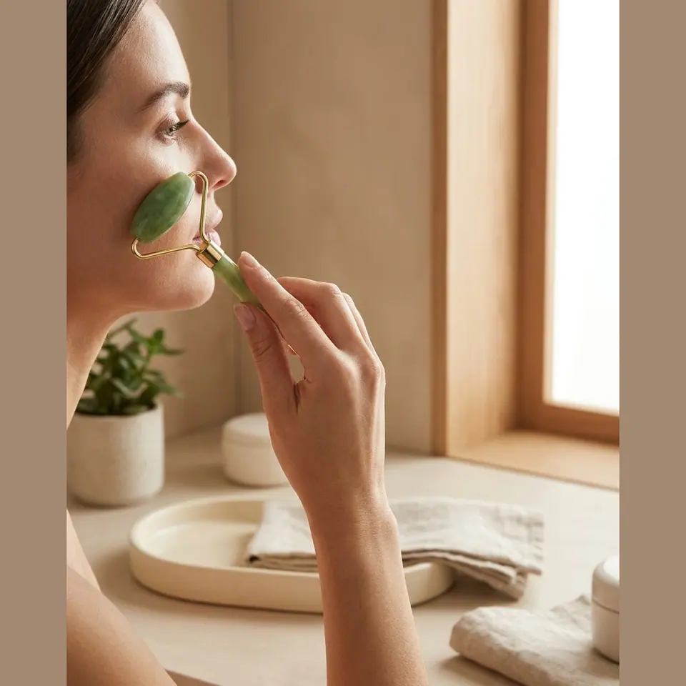 Jade roller in use across the brow