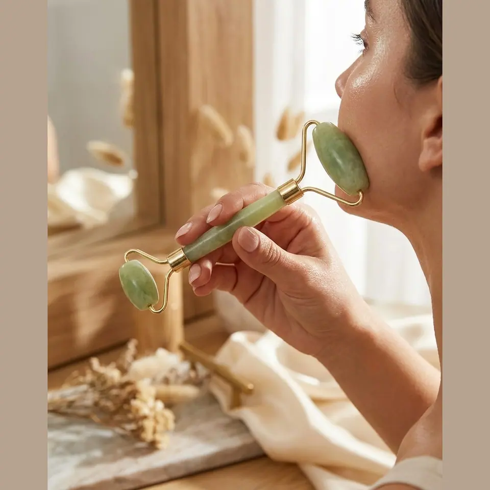 Jade roller being used along the cheekbone