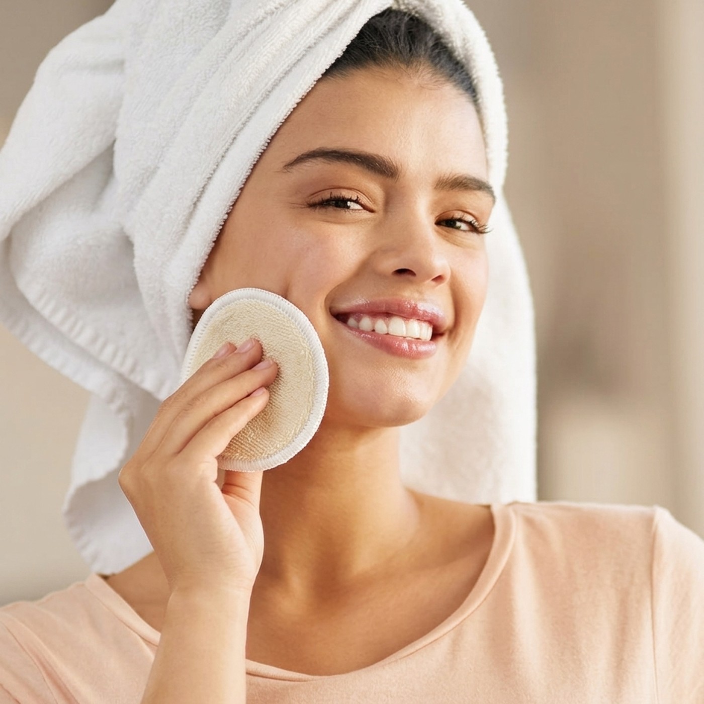 A bamboo cleansing pad sweeping cleanser from the cheek