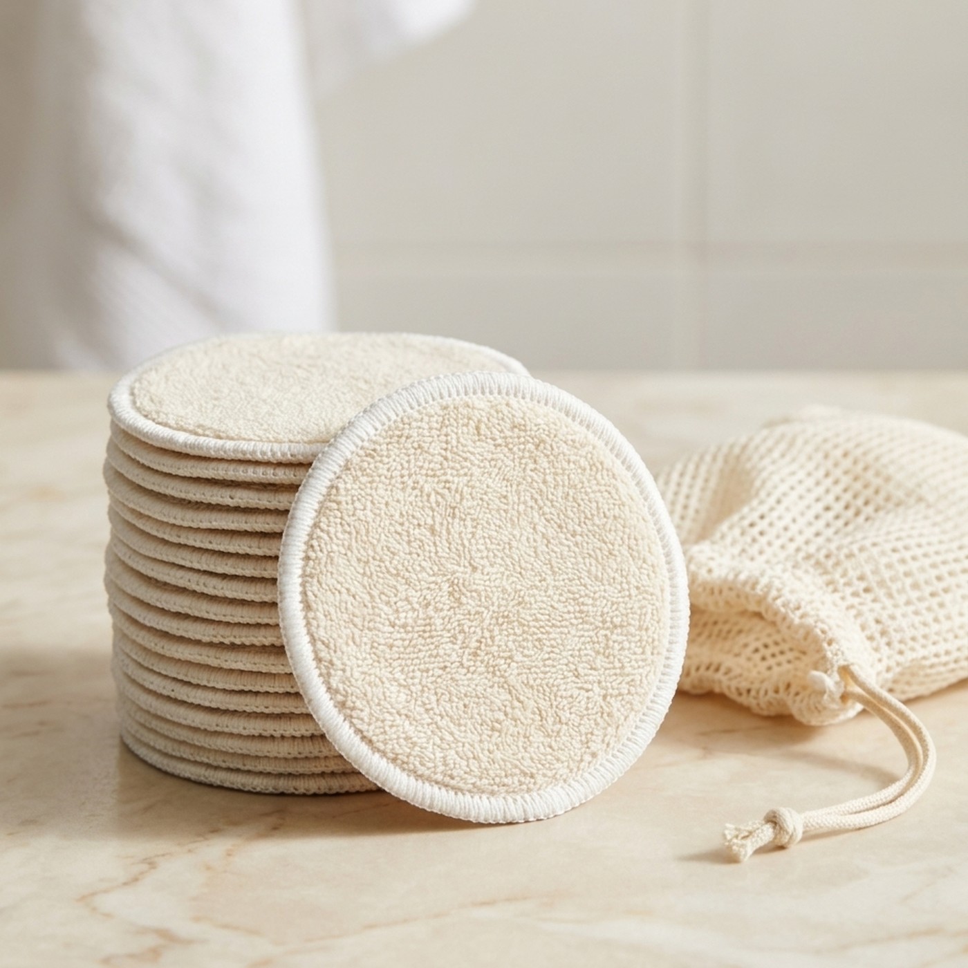 Beige bamboo terry cleansing pads stacked, alternate studio view